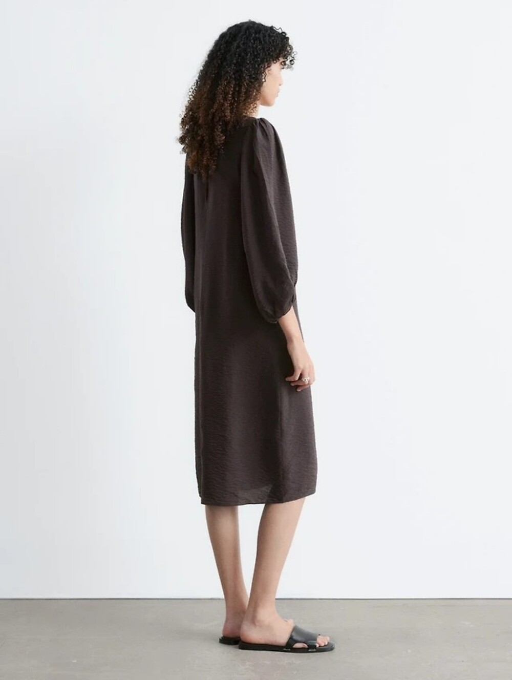 NWT & Other Stories Chocolate Brown V-Neck Midi Dress with Balloon Sleeves - Picture 3 of 15
